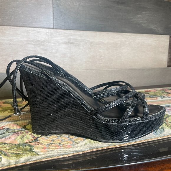 Bakers Sparkle Black Platform Wedges Ankle Straps Open Toe Shoes Size 6.5B - Picture 7 of 9